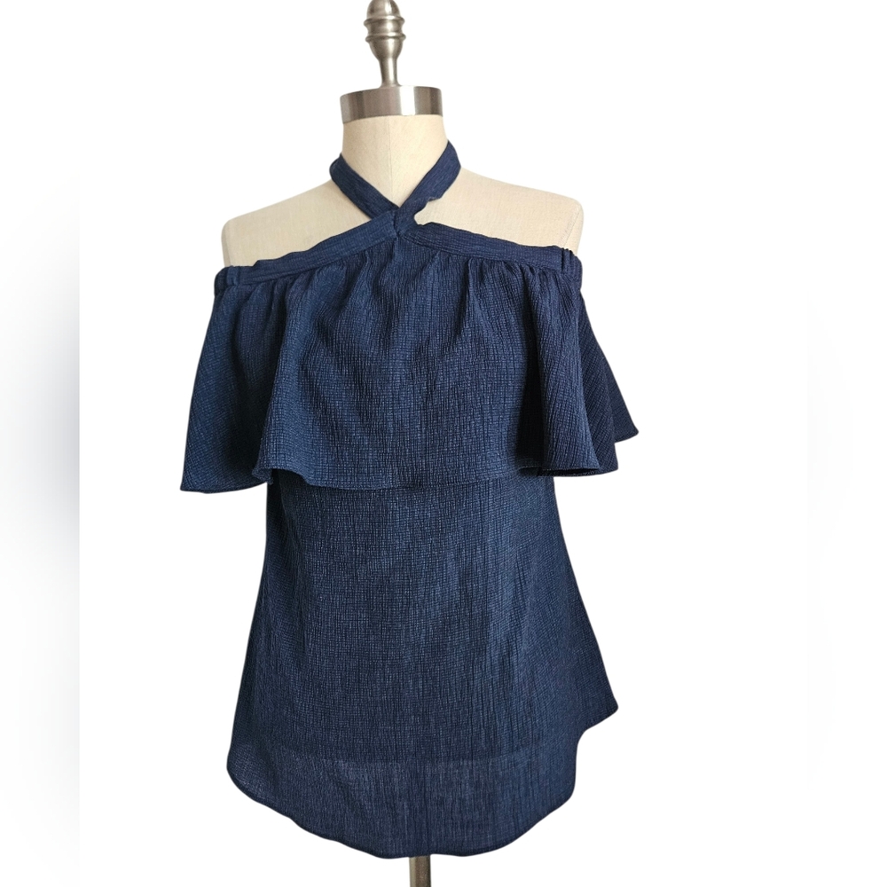 MICHAEL MICHAEL KORS Navy Blue Off-The-Shoulder Halter Ruffle Top | SZ S - Picture 2 of 8